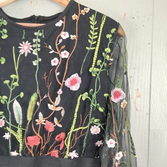 Fairy Grunge Black Mesh Dress S/M Embroidered Flowers Whimsigoth Garden Party - Picture 4 of 10